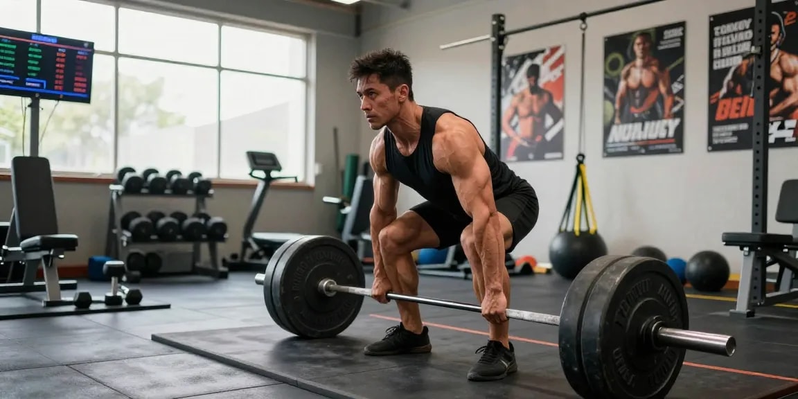 Ein Bodybuilder im Anabolika Shop Deutschland trainiert intensiv mit schweren Gewichten im Fitnessstudio, um Muskelmasse aufzubauen.