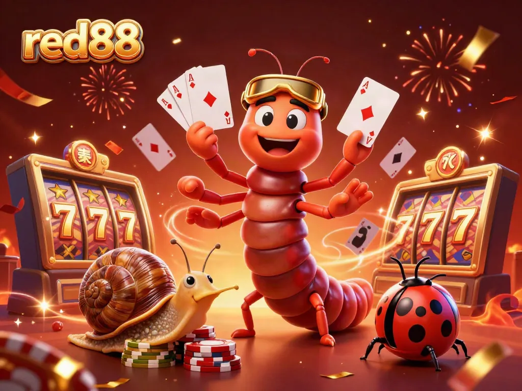 Join the excitement at red88 with a vibrant casino scene featuring playful characters and dynamic slot elements.