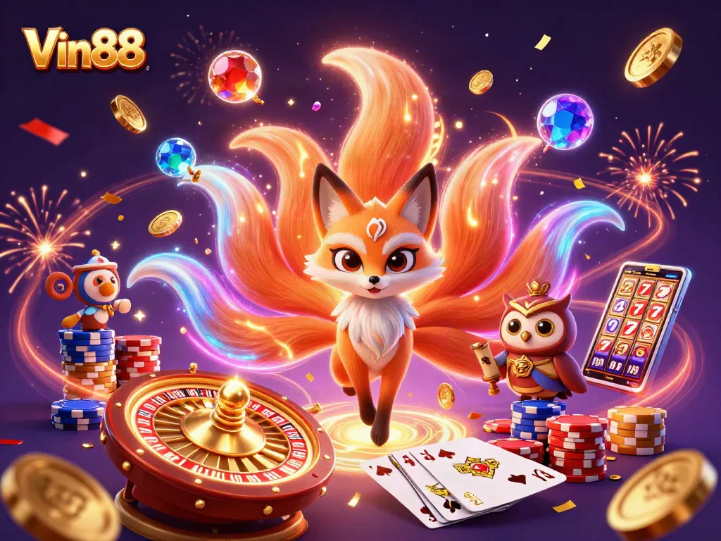 Experience Vin88's thrilling gaming world with a dazzling nine-tailed fox and wise owl amidst lavish casino elements.