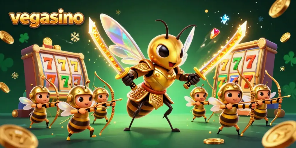 Experience thrilling gaming at vegasino with a golden hornet samurai in a vibrant casino scene.