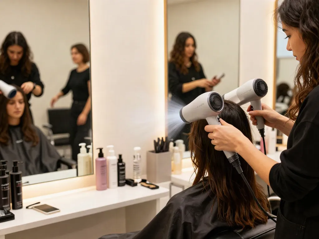 Professionelle Anwendung des Laifen Föns in einem Schönheitssalon mit sichtbar fließendem Luftstrom.