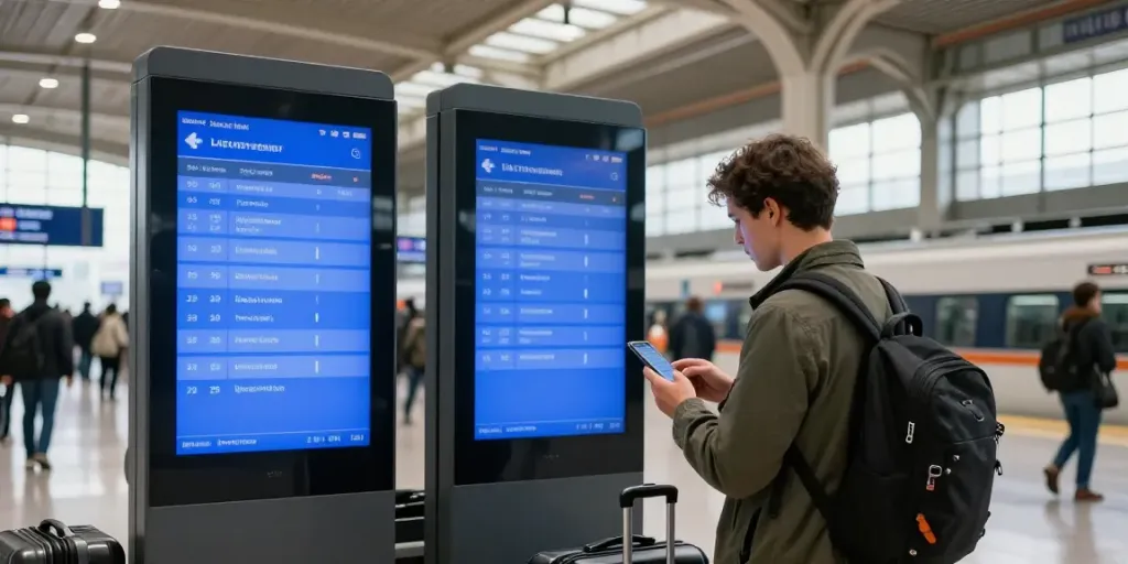 Wie kauft man Zugtickets online am Mobilgerät an einem modernen Bahnhof.