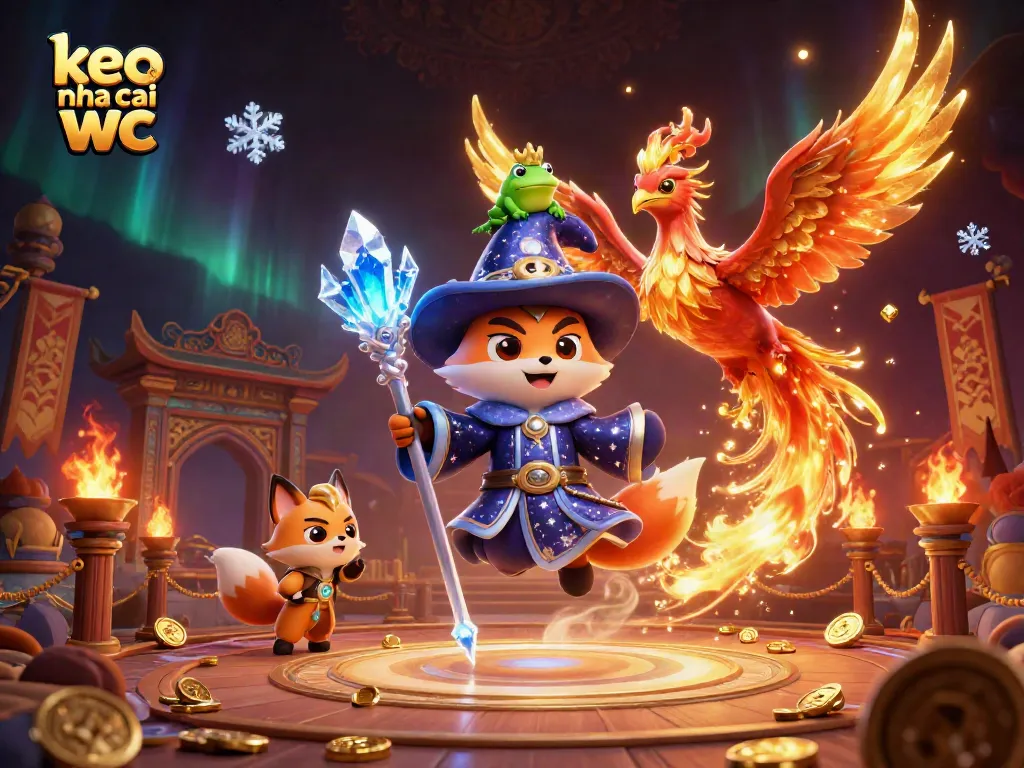 Engage with keo nha cai wc through this vibrant wizard fox and phoenix illustration in a fantasy gambling arena.