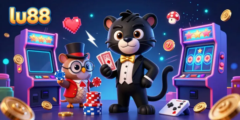 Experience the thrill at lu88 with a stylish black panther dealing cards and an array of vibrant gaming elements.