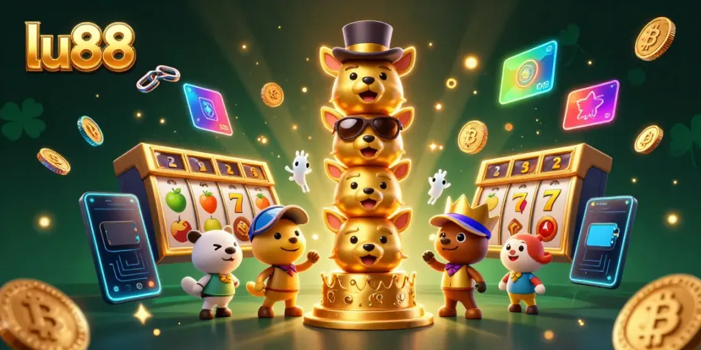 Engage in exhilarating gameplay at lu88 with our unique animated golden totem and vibrant casino symbols.
