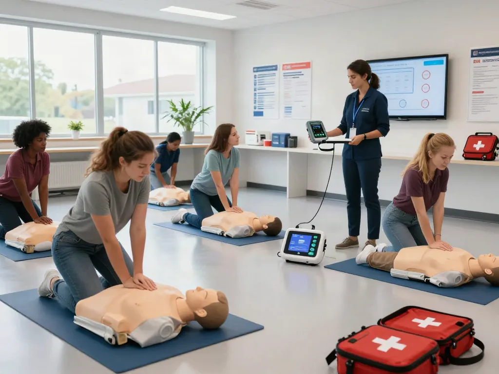 Defibrillator-Training mit Übungsmodellen in heller, sicherer Umgebung.