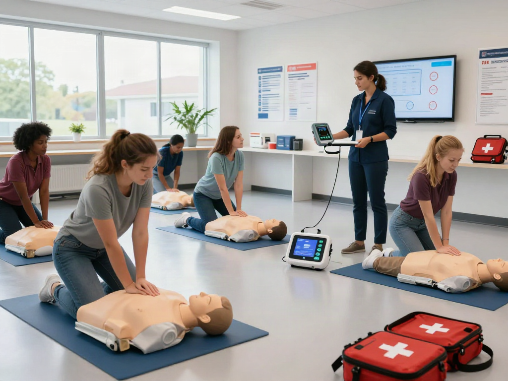 Defibrillator-Training mit Übungsmodellen in heller, sicherer Umgebung.