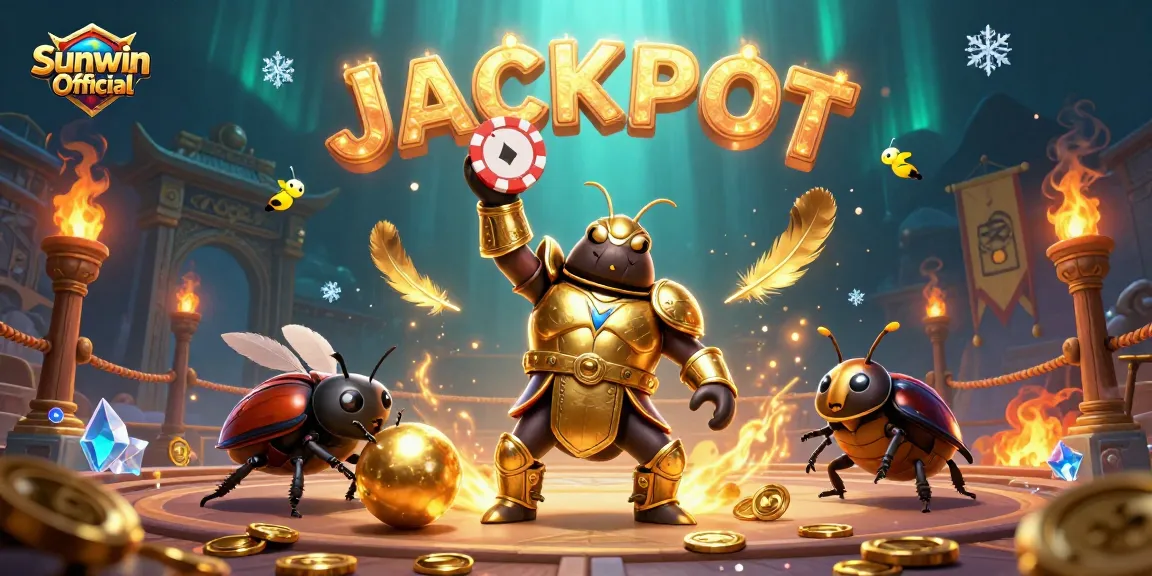 Experience the excitement at Sunwin Official with a thrilling jackpot scene featuring a victorious beetle and dynamic casino elements.