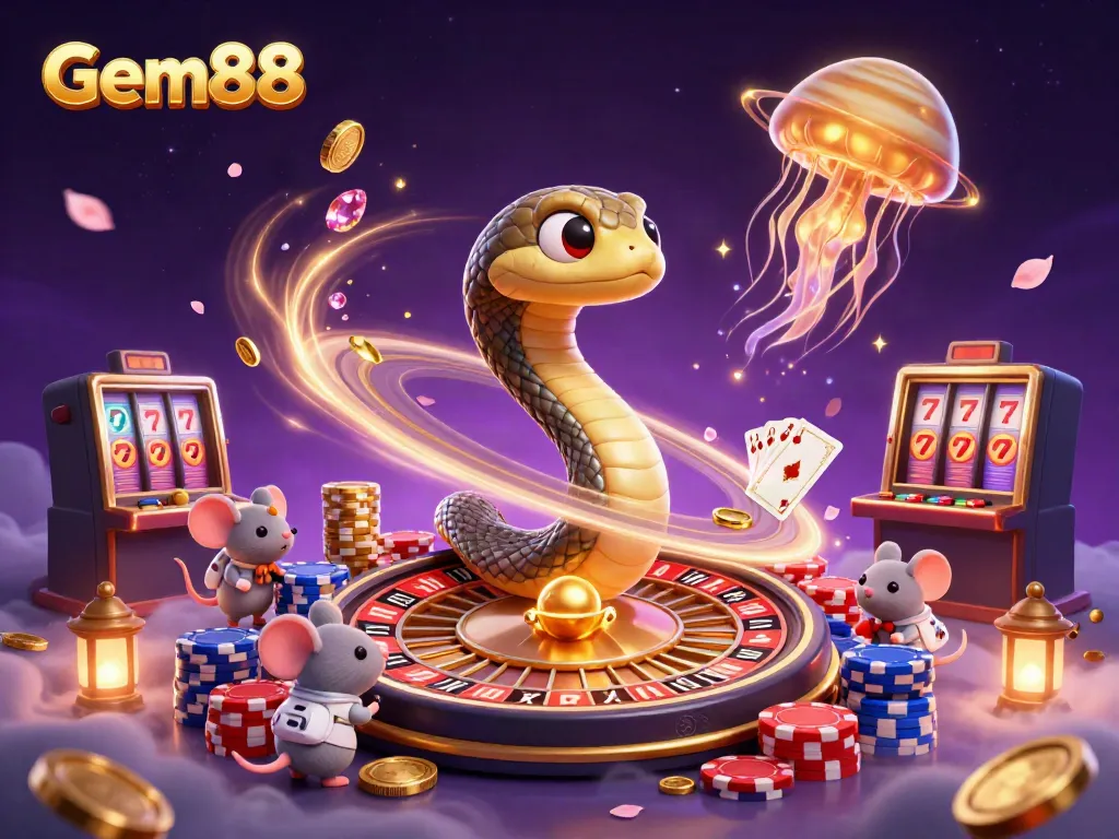 Gem88's vibrant cosmic scene showcases a roulette wheel and astronaut mice betting among celestial features.