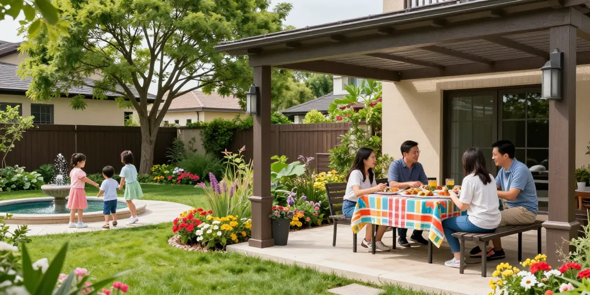 Freistehende Terrassenüberdachung im Garten mit Familie beim Picknick.