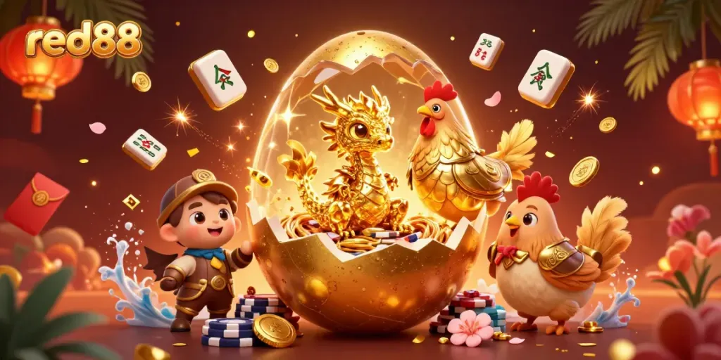 Experience thrilling gaming at red88 with a golden dragon amidst vibrant casino elements.