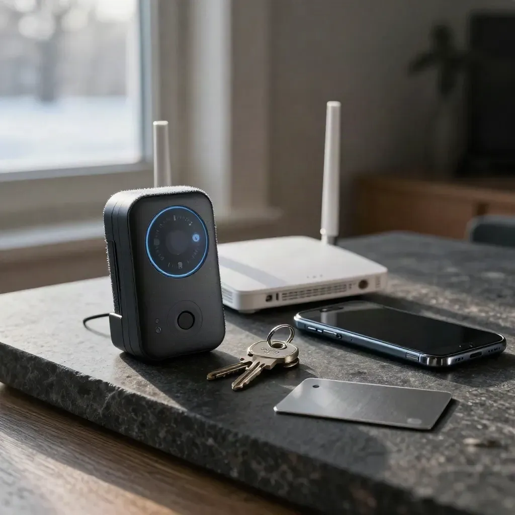 Vergleichs-Cluster aus Smart-Meter, Router, Smartphone, Schlüsseln und Metallkarte im Morgenlicht.