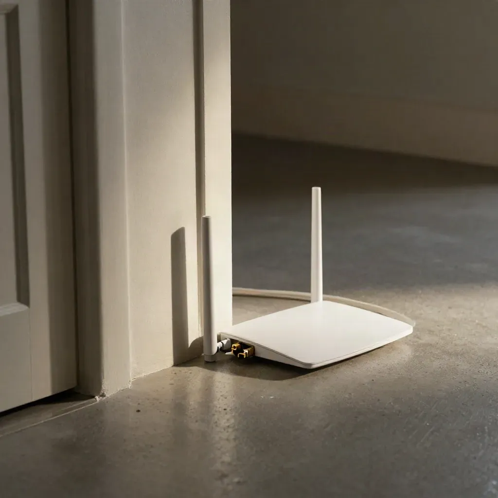 Glasfaserdose mit Router im Flur bei Regenlicht