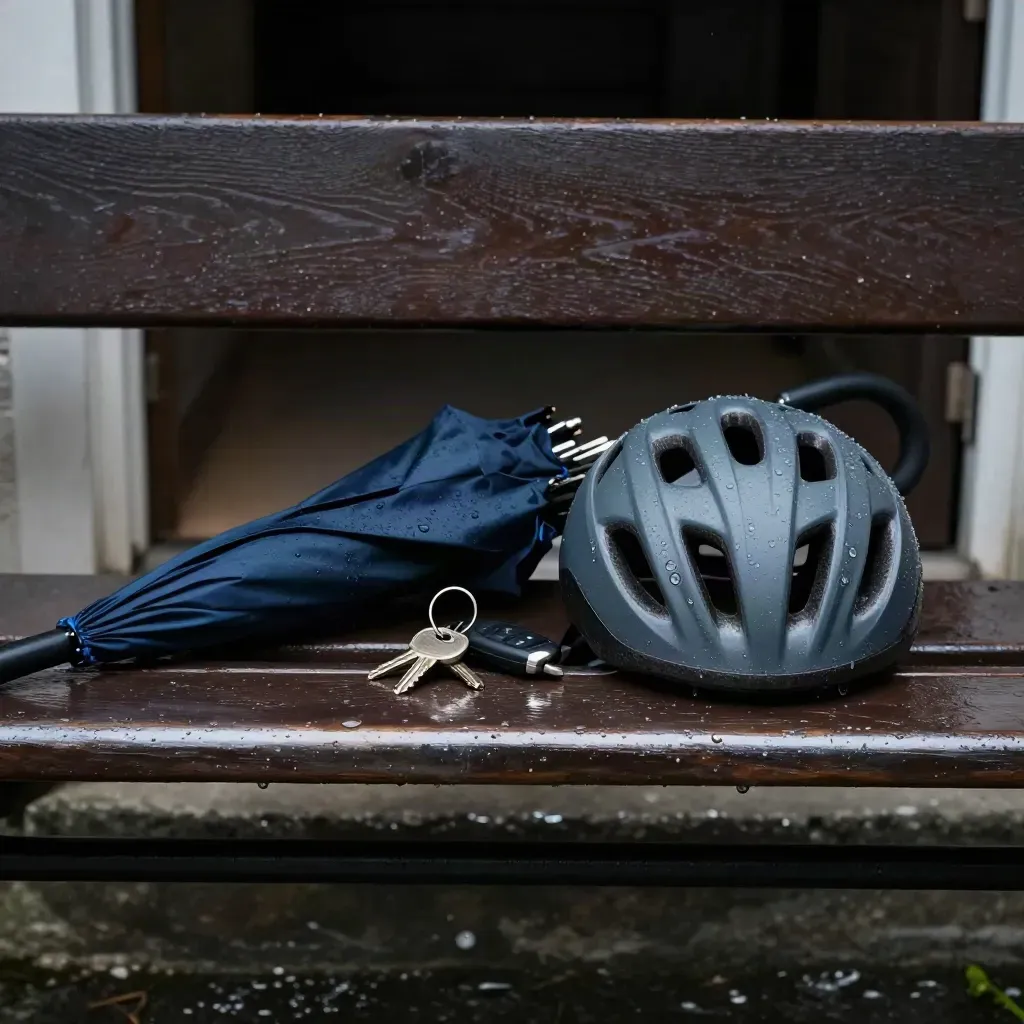 Regennasse Eingangsbank mit Schirm, Fahrradhelm und Schlüsseln im Gegenlicht.