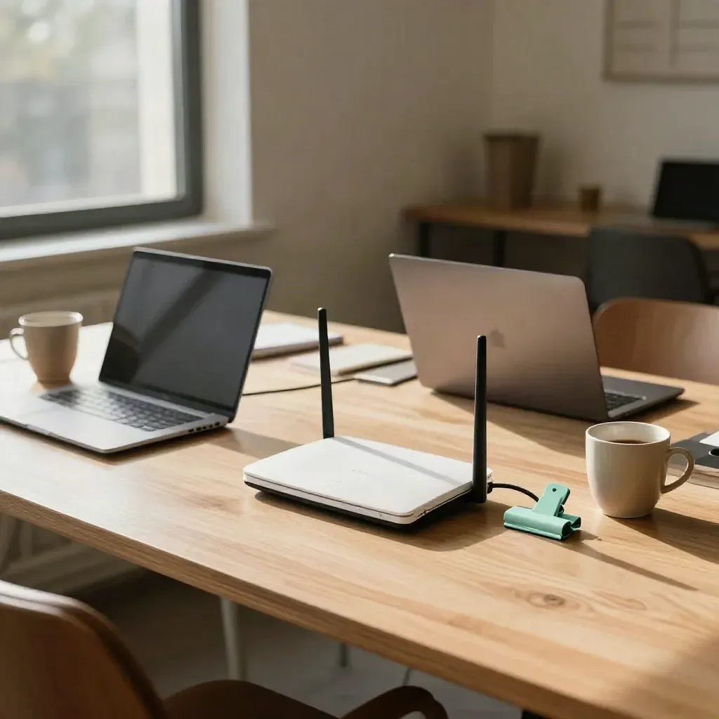 Zwei geschlossene Laptops, Router und Kaffeebecher auf einem Bürotisch im Morgenlicht.