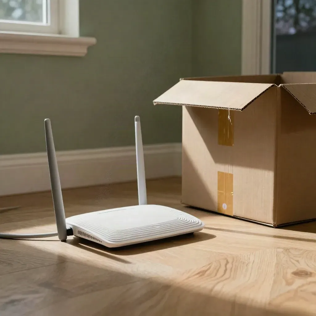 Router, Glasfaser-Kabel und Umzugskarton auf Wohnzimmerboden im Abendlicht.
