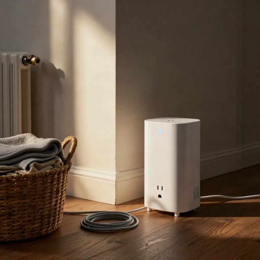 Utility corner mit Smart-Plug, Heizkörperventil, Heizgerät und Korb im warmen Abendlicht.