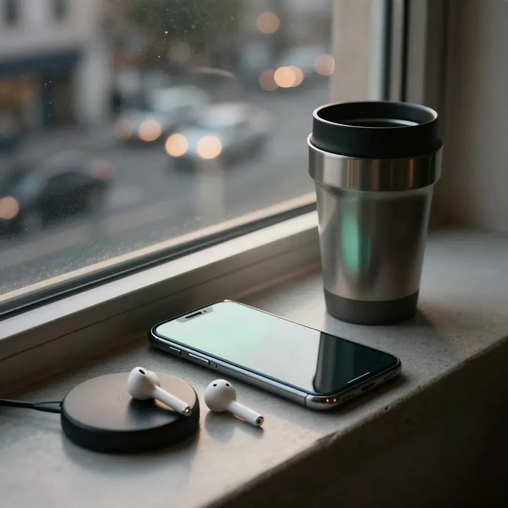 Smartphone, Ohrhörer und Ladepad auf einer Fensterbank bei Abendlicht.