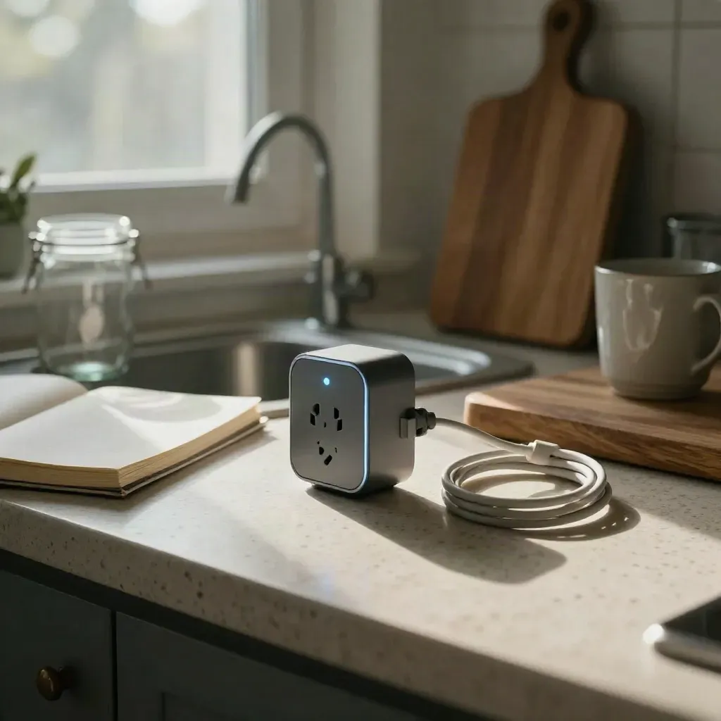 Küchenarbeitsfläche mit Smart-Plug, Kabel und Glasgefäß im kühlen Morgenlicht.