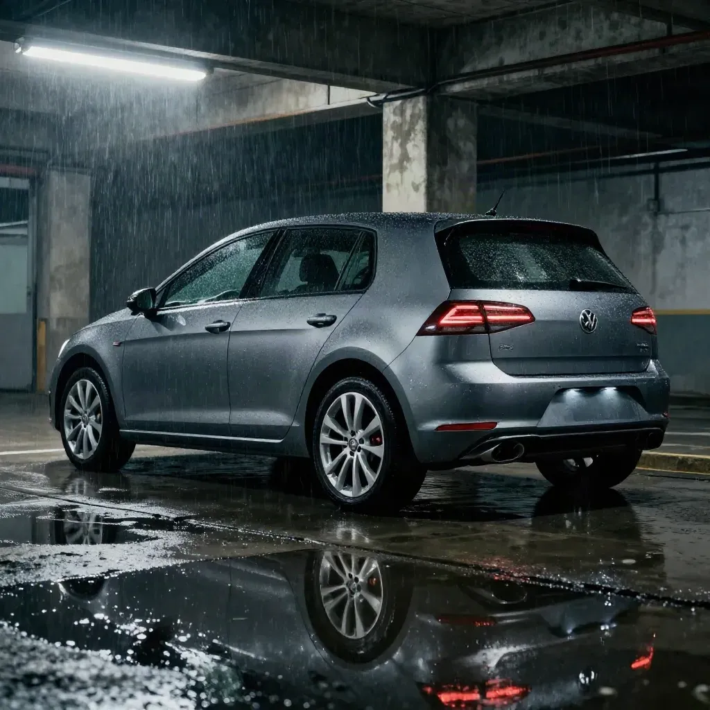 Tiefer Rückblick auf einen nassen Hatchback in einer dunklen Tiefgarage mit Spiegelungen