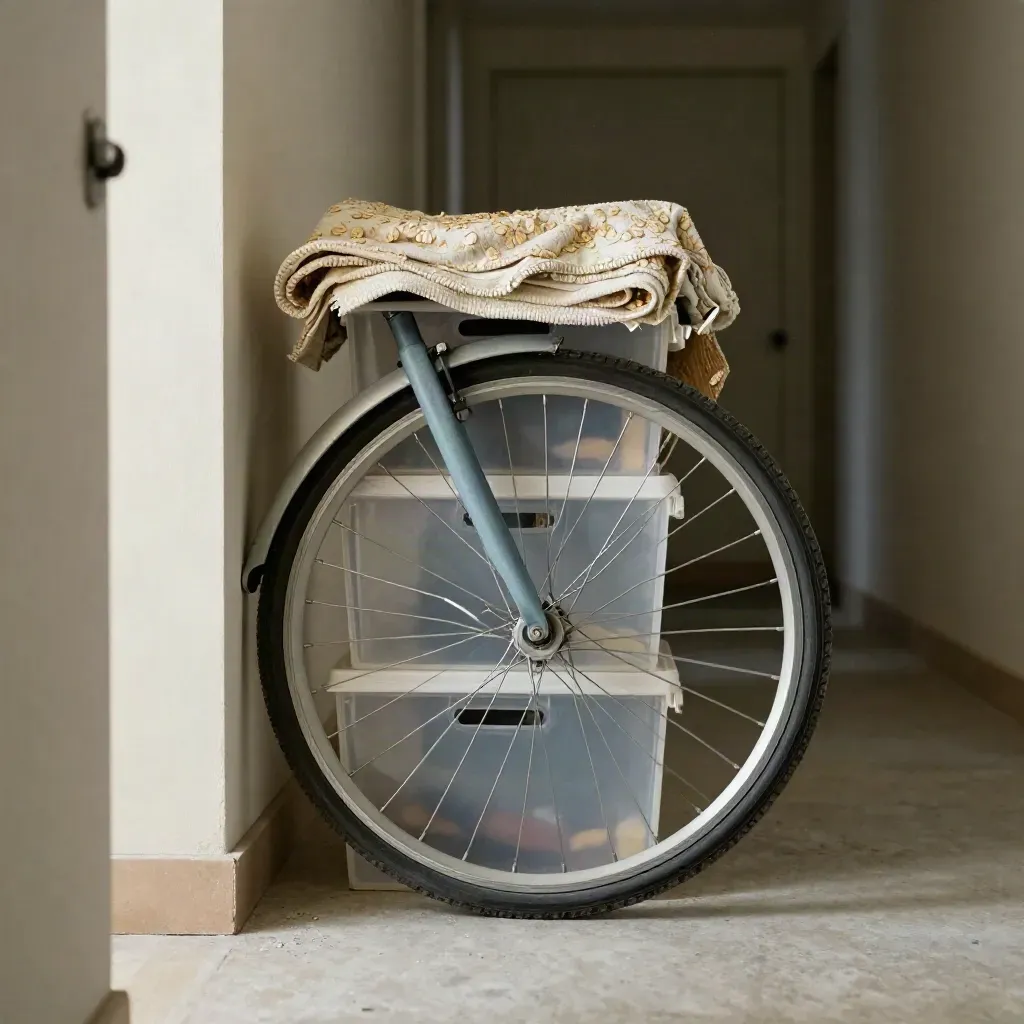 Halb gepackter Flur mit Fahrradlaufrad, Decke und Aufbewahrungsboxen im Umbruch.