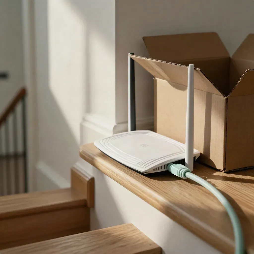 Makro von Glasfaser-Router, Kabel und Lieferkarton im hellen Flur