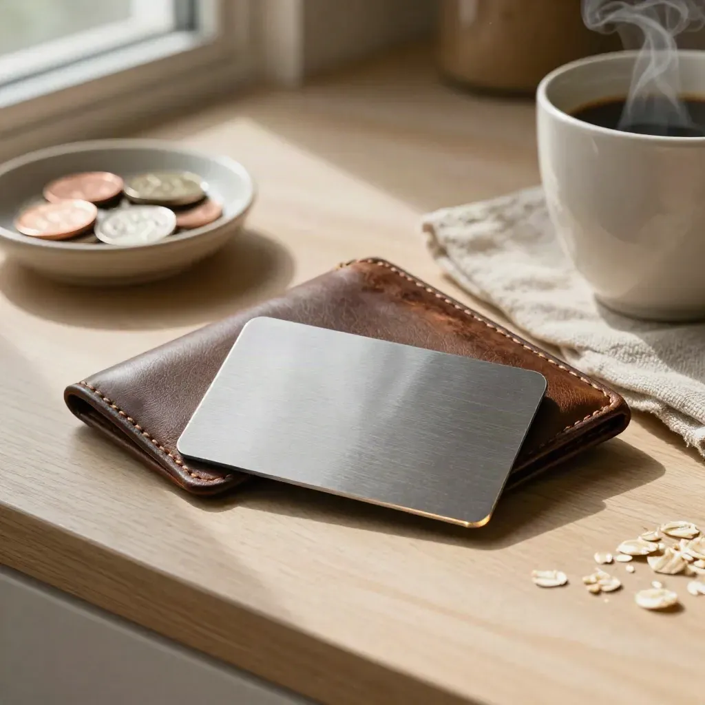 Geldbörse, Metallkarte, Münzschale und Kaffeetasse auf hellem Holztisch im Morgenlicht.