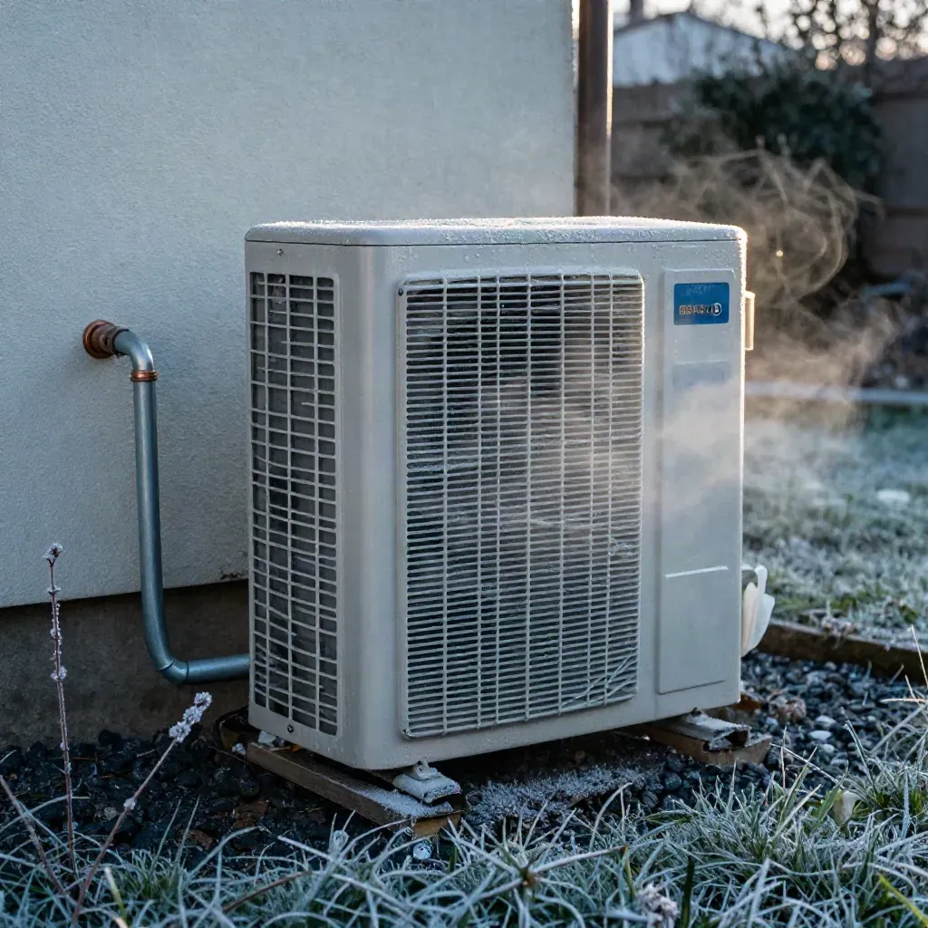 Wärmepumpen-Außenmodul mit Reif, Tropfen und Nebel im Morgenfrost