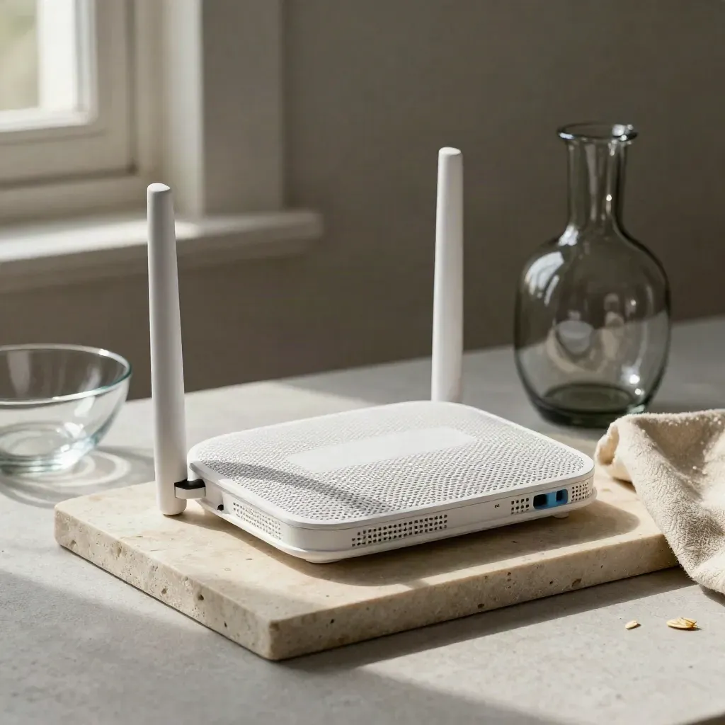 Weißer Mesh-Router mit Glasfaserbogen, Schale und Vase auf hellem Steintablett im Fensterlicht.