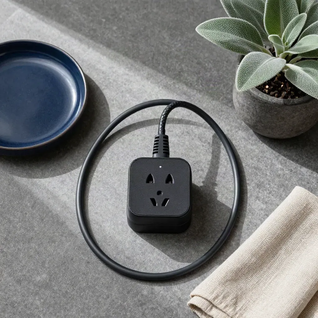 Schwarzer Smart Plug mit Kabel, Schale, Pflanze und Leinentuch auf Stein von oben.