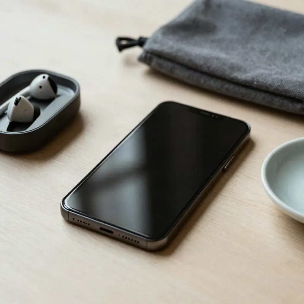 Dunkles Smartphone, Ohrhörer, Ladeteller und Stoffetui auf hellem Holz im weichen Tageslicht.