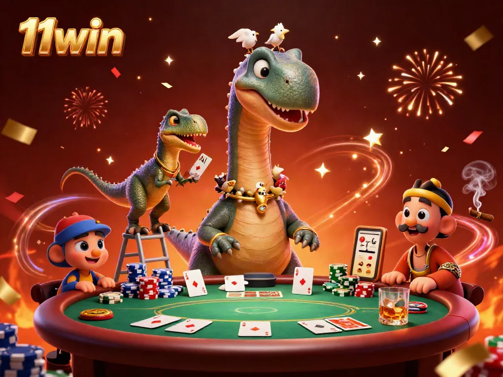 Experience the vibrant gaming action at 11win with a whimsical dinosaur and clever raptor in a lively casino setting.