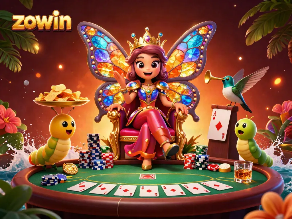 Experience thrilling gameplay at zowin, with a vibrant butterfly queen presiding over an extravagant poker game.