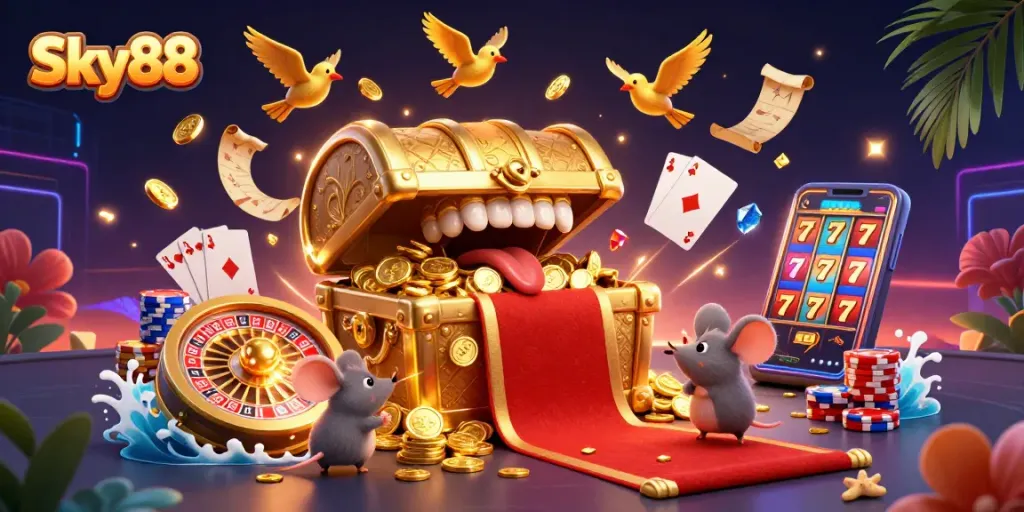 Sky88 invites players into a vibrant casino scene filled with treasures and excitement.