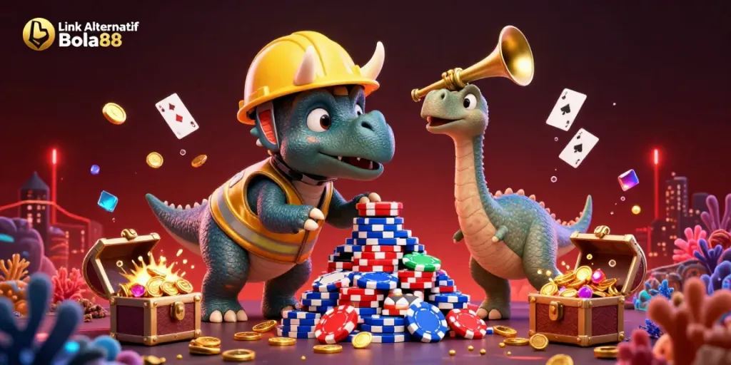 Build excitement with Link Alternatif Bola88 as cartoon dinosaurs celebrate a colorful casino scene.