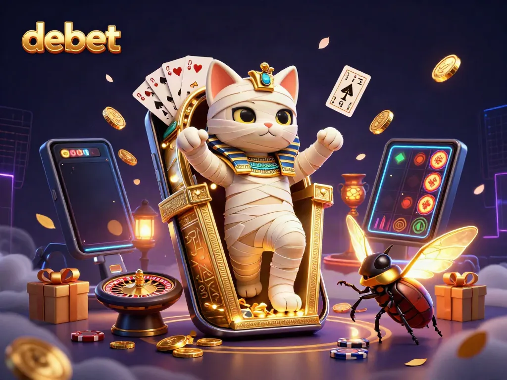 Engage with debet in a vibrant casino scene featuring an Egyptian mummy cat and golden coins.