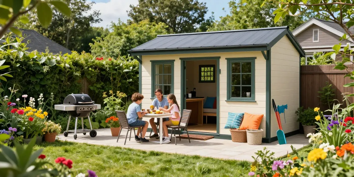 Garten Haus umgeben von bunten Blumen und einer Familie im Garten.