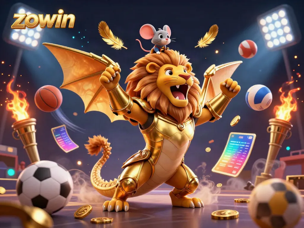 Zowin's dynamic gaming scene with a golden chimera and sports elements, symbolizing triumph in gambling.
