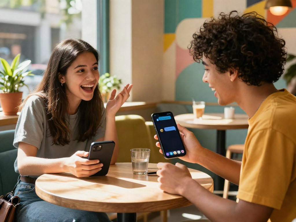 Friends enjoying spicy AI chat at a vibrant café, showcasing interaction and tech.