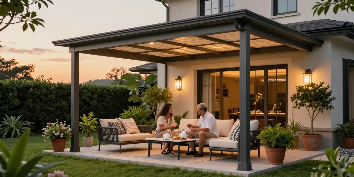 Elegante Terrassenüberdachung mit Paar, das entspannt Tee genießt, umgeben von üppigem Grün und stilvollen Möbeln.