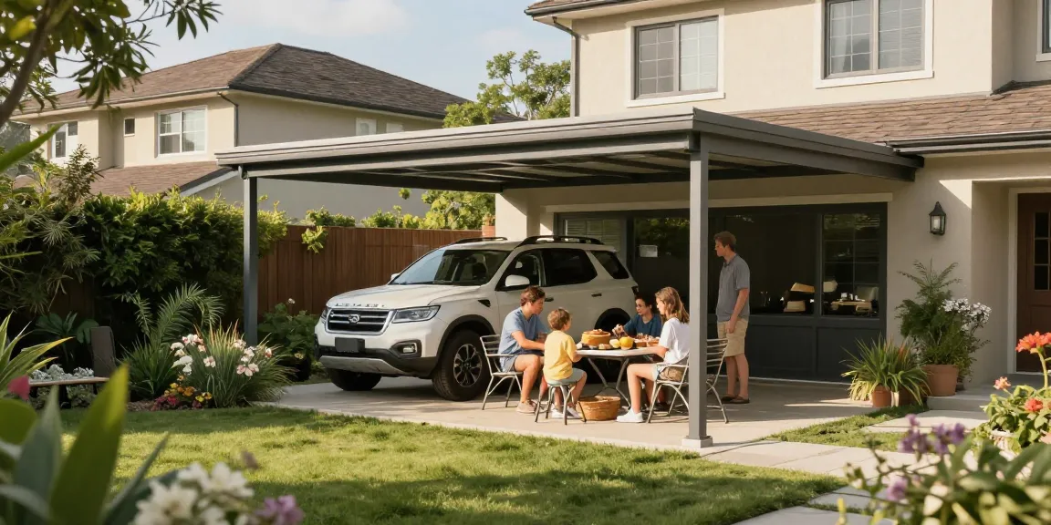 Moderne Carports bieten Schutz für Fahrzeuge während einer Familienfeier im Garten.