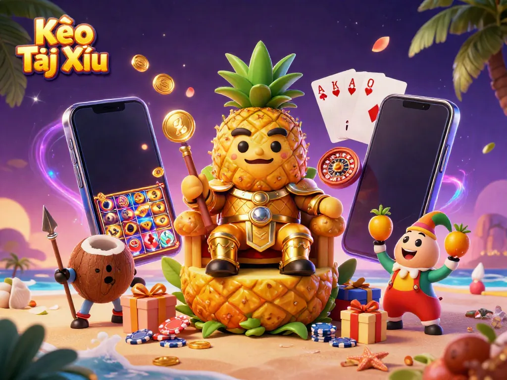 Kèo Tài Xỉu entertainment scene showcasing a vibrant golden pineapple king, coconut bodyguards, and a jester among casino elements.