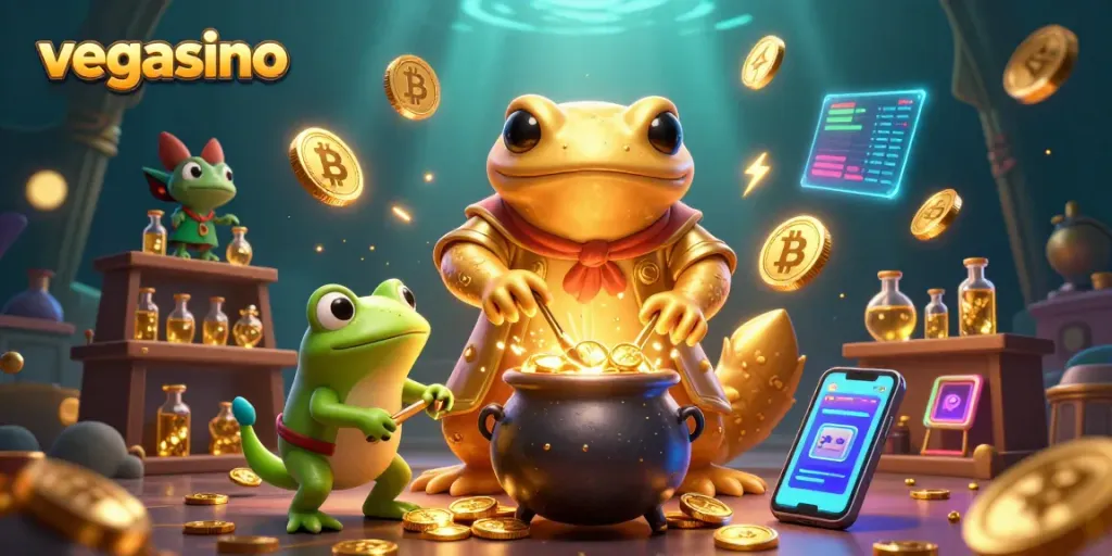 Experience the magic of vegasino with a vibrant alchemist scene of gold transmutation and crypto elements.
